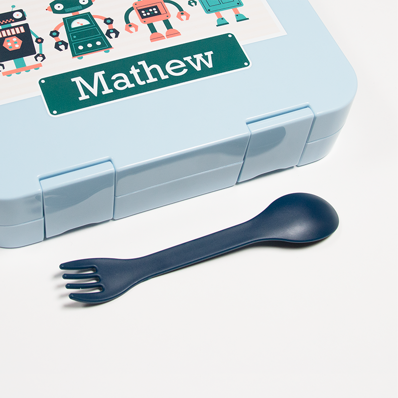 Navy Blue Spork paired with Light Blue personalised bento box in Robo design