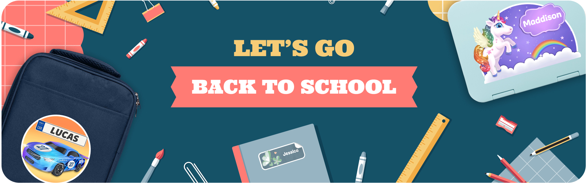 Back to school items labelled with cashs name labels